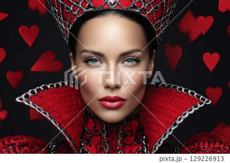 Queen of hearts wearing red dress and crown with hearts background Queen of hearts wearing red dress and crown with hearts background 129226913