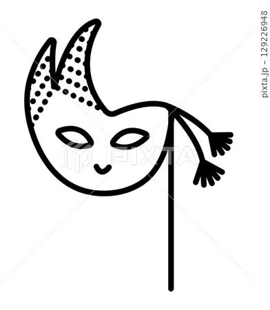 Masquerade mask with pompoms and stick, vector black line illustration 129226948