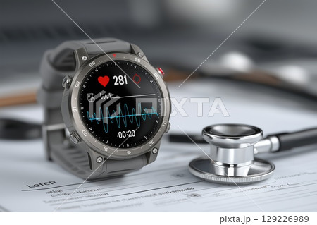 Smartwatch showing heart rate and ekg with stethoscope on medical record 129226989