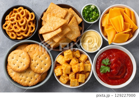 Bowls of crackers, pretzels, dips and cheese puffs creating a delicious snacking experience Bowls of crackers, pretzels, dips and cheese puffs creating a delicious snacking experience 129227000