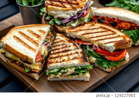 Delicious grilled sandwiches with various fillings laying on wooden cutting board 129227001