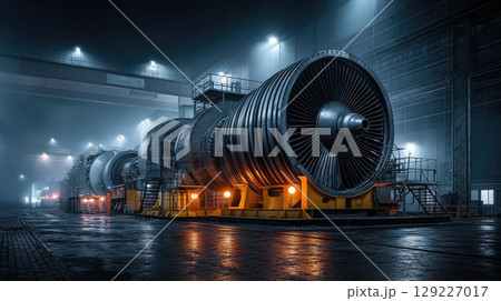 Giant turbine resting on a platform in industrial building at night 129227017
