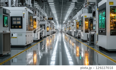 Modern industrial machines operating in a clean factory 129227018