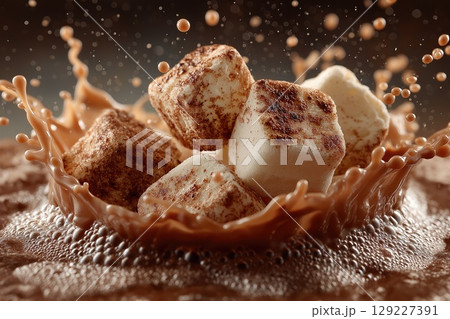 Marshmallows with cocoa powder falling into hot chocolate creating splash 129227391