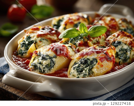 Jumbo pasta shells stuffed with spinach and ricotta, resting on tomato sauce and basil leaf 129227418