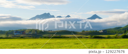 Nature in fjords. Lofoten islands, Norway. Traveling on a Norwegian fjord. Scandinavia.  129227676