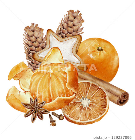 Tangerines, spices and cones in watercolor Tangerines, spices and cones in watercolor 129227896