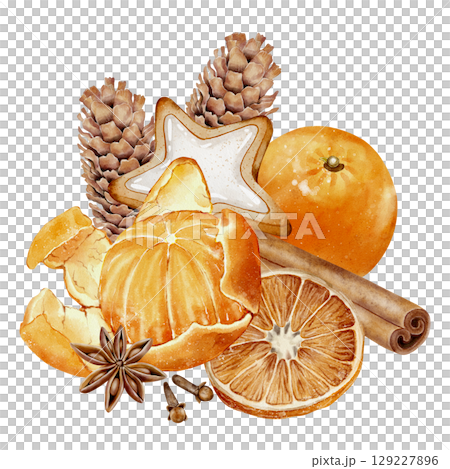 Tangerines, spices and cones in watercolor Tangerines, spices and cones in watercolor 129227896