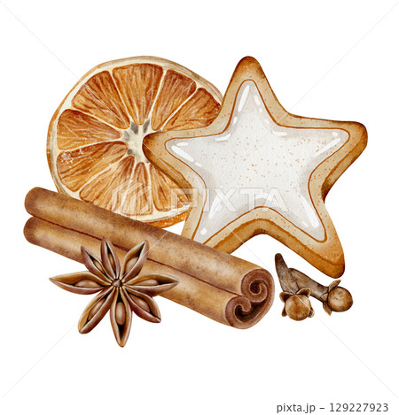 Watercolor composition with spices and cookies 129227923