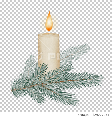 Spruce branch with candle and flame Spruce branch with candle and flame 129227934