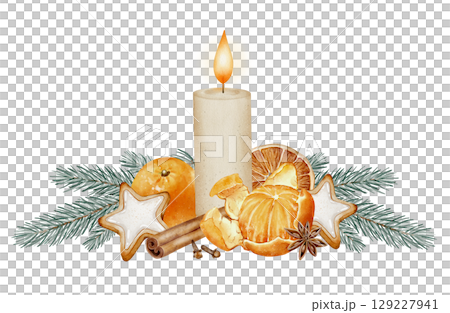 Watercolor composition with candle and tangerine 129227941