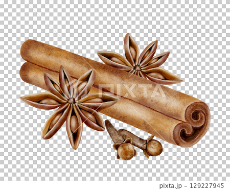 Cinnamon sticks with star anise and clove Cinnamon sticks with star anise and clove 129227945