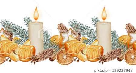 Christmas seamless border with candle and mandarin 129227948