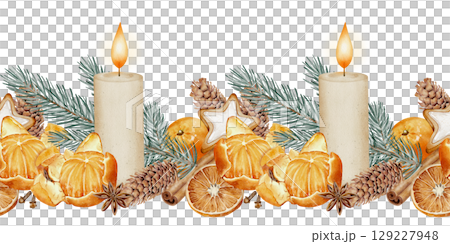 Christmas seamless border with candle and mandarin 129227948