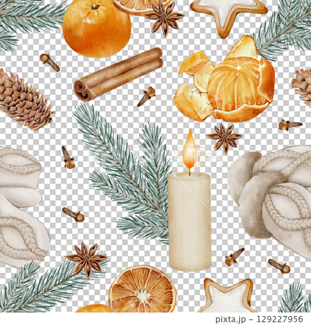 Christmas seamless pattern with candle and fir branches 129227956