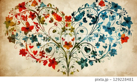 Swirling patterns in bold colors create a captivating heart-shaped art piece radiating movement on a neutral backdrop perfectly appealing to contemporary art enthusiasts. Swirling patterns in bold colors create a captivating heart-shaped art piece radiating movement on a neutral backdrop perfectly appealing to contemporary art enthusiasts. 129228481