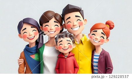 Happy family together illustration in cartoon style. Parents with their kids smiling 129228537