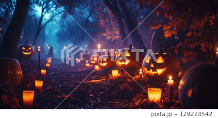 Halloween scene with carved jack o lantern pumpkins along forest path, surrounded by glowing candles and fallen autumn leaves 129228542