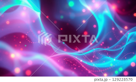 abstract wavy background with electric glowing dots in shades of pink, blue, and purple 129228570