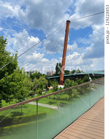Elements of a suspension bridge in a park in Bucharest 129228853