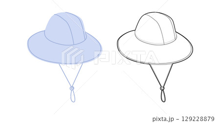 Garden Bucket Hat with Cord Stopper. Summer Head Fashion accessory cap with wide brim clothing technical illustration. 129228879