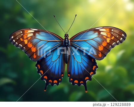Macro of a Beautiful Butterfly with Wide Spread Blue and Orange Patterned Wings Macro of a Beautiful Butterfly with Wide Spread Blue and Orange Patterned Wings 129228889