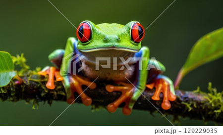 Red eyed tree frog sitting on a branch in the rainforest Red eyed tree frog sitting on a branch in the rainforest 129229035