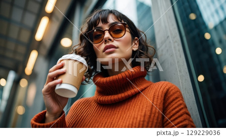 Stylish businesswoman enjoying a coffee break outside office building 129229036