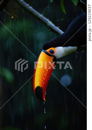 Channel billed toucan drinking rainwater during a downpour in the rainforest 129229037