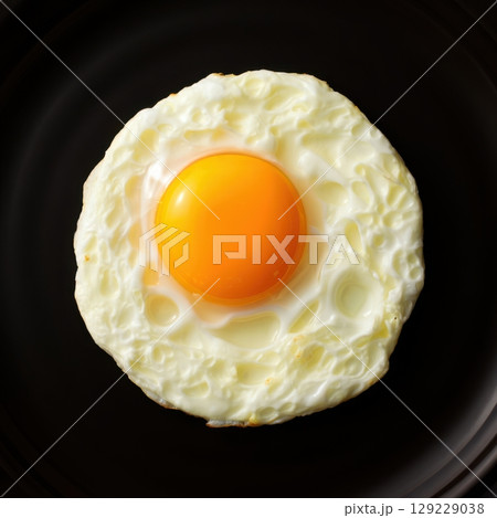 Perfect fried egg with round yolk on a black plate 129229038