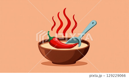 Steaming hot soup with chili pepper and spoon in brown bowl 129229066