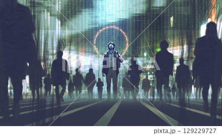 Man in Cybernetic City Crowd 129229727