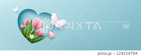 Tulip flowers on light blue heart, and butterfly, romantic concept design on light blue banner background 129229784