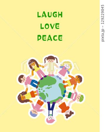 手をつないで地球を囲む世界の子どもたちのシールステッカー風イラスト 129229845