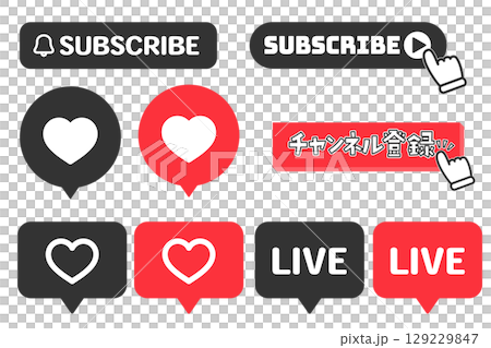 Subscribe and subscribe buttons and heart action icons set Subscribe and subscribe buttons and heart action icons set 129229847