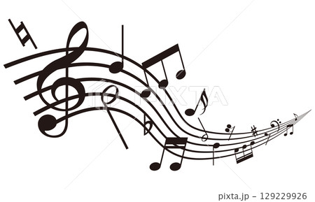 奥行のある楽譜の上でリズミカルに跳ねるたくさんの音符 ミュージック 129229926