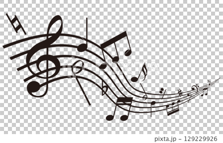 奥行のある楽譜の上でリズミカルに跳ねるたくさんの音符 ミュージック 129229926