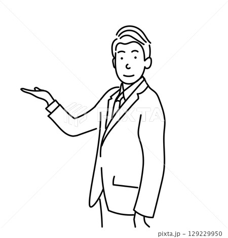 イラスト素材: 案内するビジネスマンの線画ベクター｜白背景 129229950
