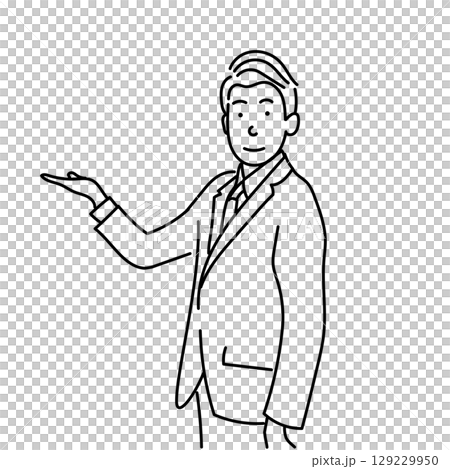 イラスト素材: 案内するビジネスマンの線画ベクター｜白背景 129229950