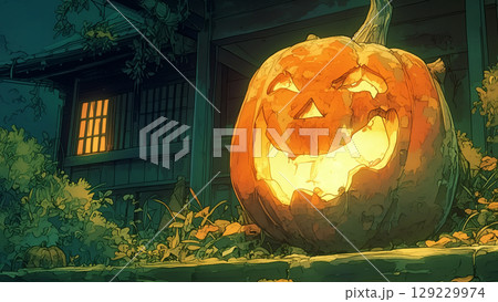 古民家とハロウィンのジャックオーランタン、アニメ風 古民家とハロウィンのジャックオーランタン、アニメ風 129229974