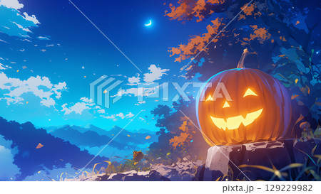 秋の夜空とハロウィンのジャックオーランタン、アニメ風 秋の夜空とハロウィンのジャックオーランタン、アニメ風 129229982