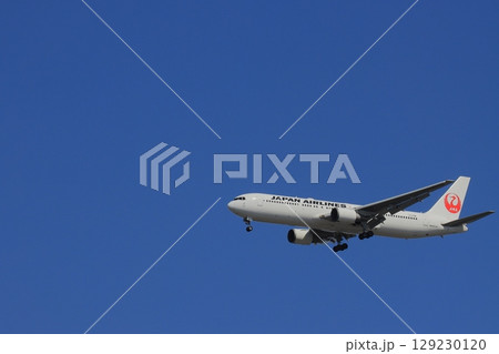 青空を背景に着陸する旅客機 着陸進入するJAL機 青空を背景に着陸する旅客機 着陸進入するJAL機 129230120