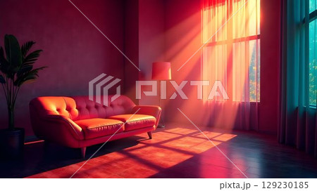 Warm sunlight streams through a vibrant living room illuminating a cozy couch and tranquil atmosphere 129230185