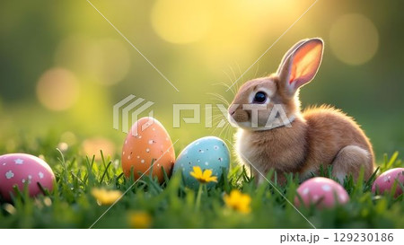 Cute bunny surrounded by colorful eggs in a sunny meadow during springtime festivities 129230186