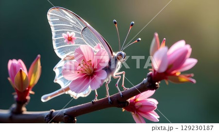 Butterfly resting on blooming flowers during golden hour in a serene garden setting 129230187