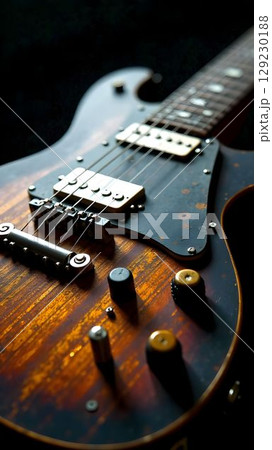Classic electric guitar with a vintage finish showcasing intricate details and craftsmanship in dim lighting 129230188