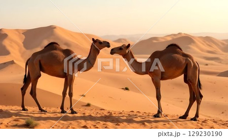 Two camels interacting in the desert landscape during sunset, capturing a moment of connection in a vast sandy environment 129230190