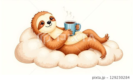Cute sloth relaxing on a cloud while sipping a warm cup of coffee in a cozy, whimsical setting 129230284
