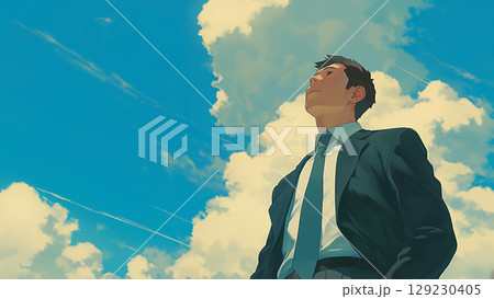 大きな雲と空を見上げるサラリーマン、アニメ風 129230405