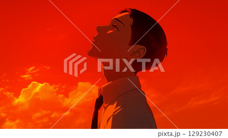 夕焼けに染まった空を見上げるサラリーマン、アニメ風 夕焼けに染まった空を見上げるサラリーマン、アニメ風 129230407